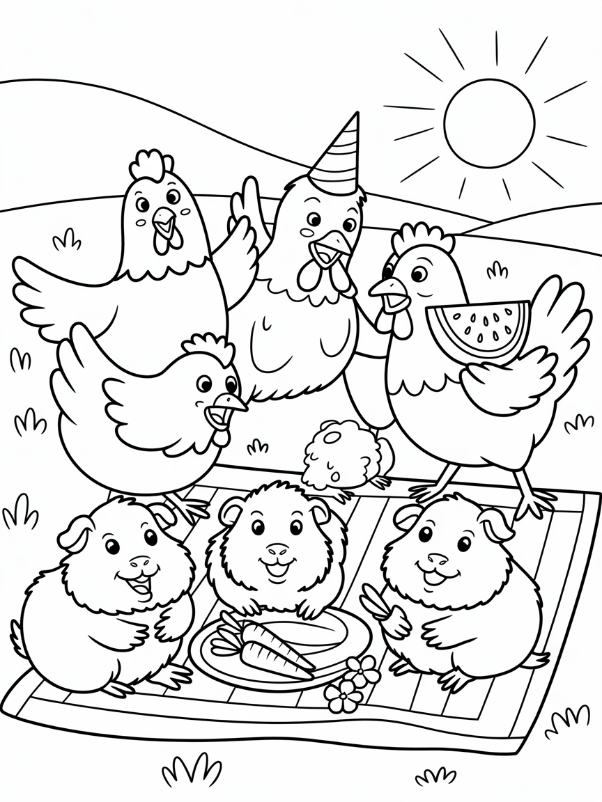Chickens and guinea pigs having a party - Free Coloring Page