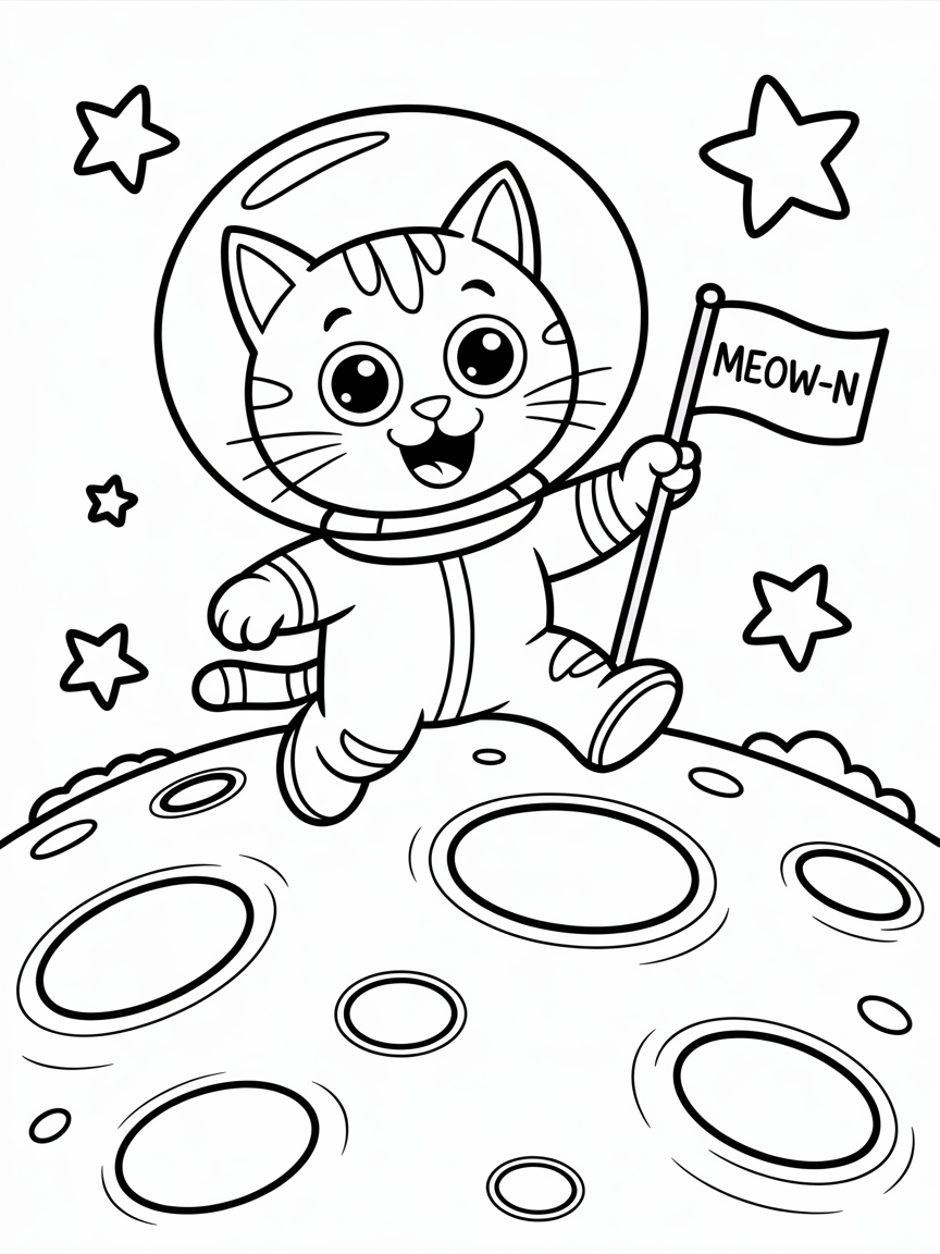Space cat exploring the moon - Free Coloring Page