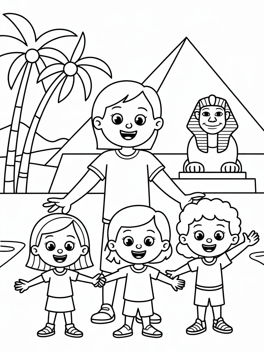 A family of Mum, Dad and three girls transported back in time to ancient Egypt - Free Coloring Page