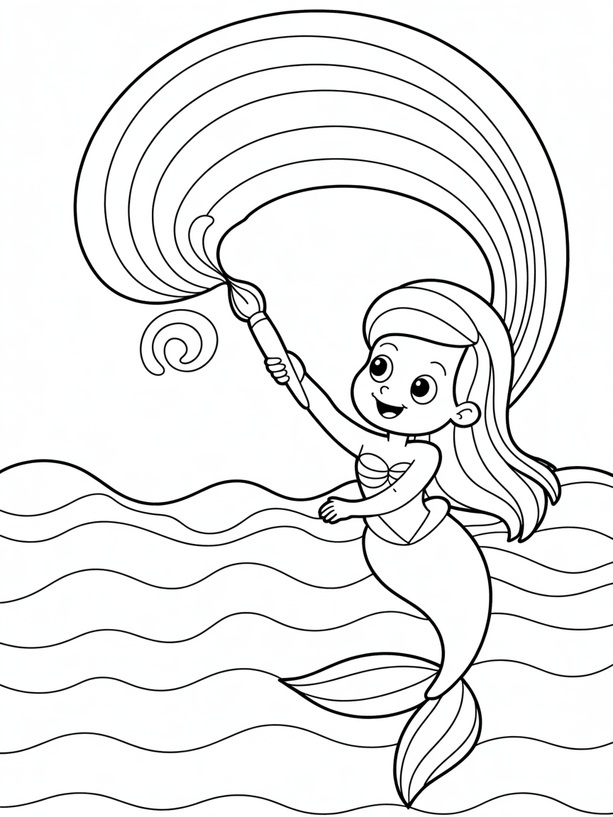 Mermaid painting rainbow on ocean waves - Free Coloring Page