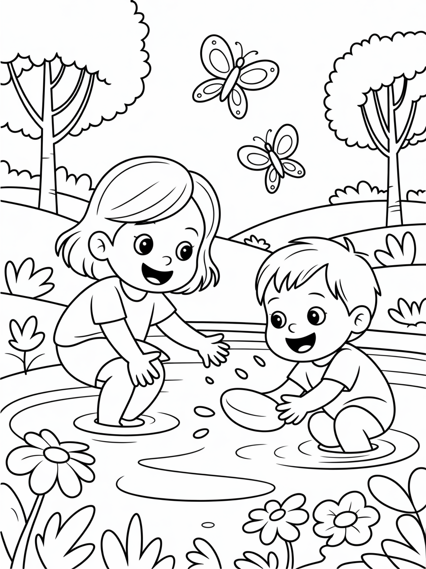 10 year old girl with 2 year old boy playing in a stream surrounded by trees flowers and butterflies - Free Coloring Page