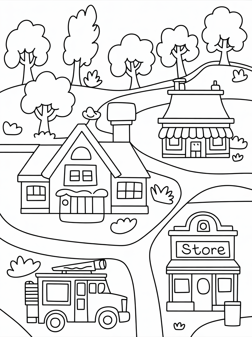 i would like a drawing of a town to colour in - Free Coloring Page