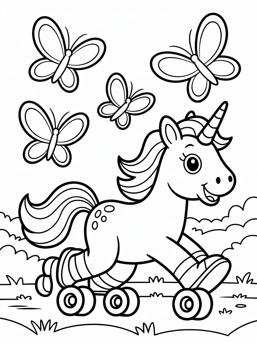 Unicorn rollerskating with butterflies - Free Coloring Page
