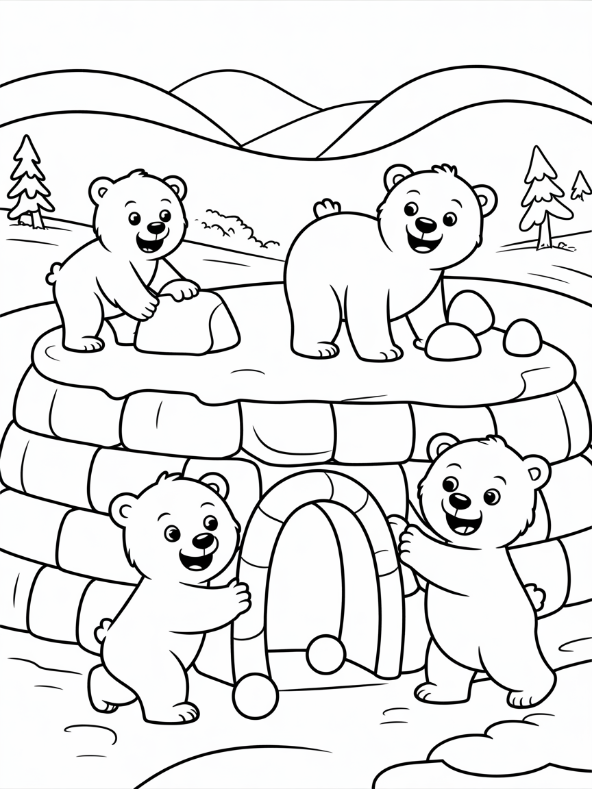 Polar bears building a snow fort - Free Coloring Page