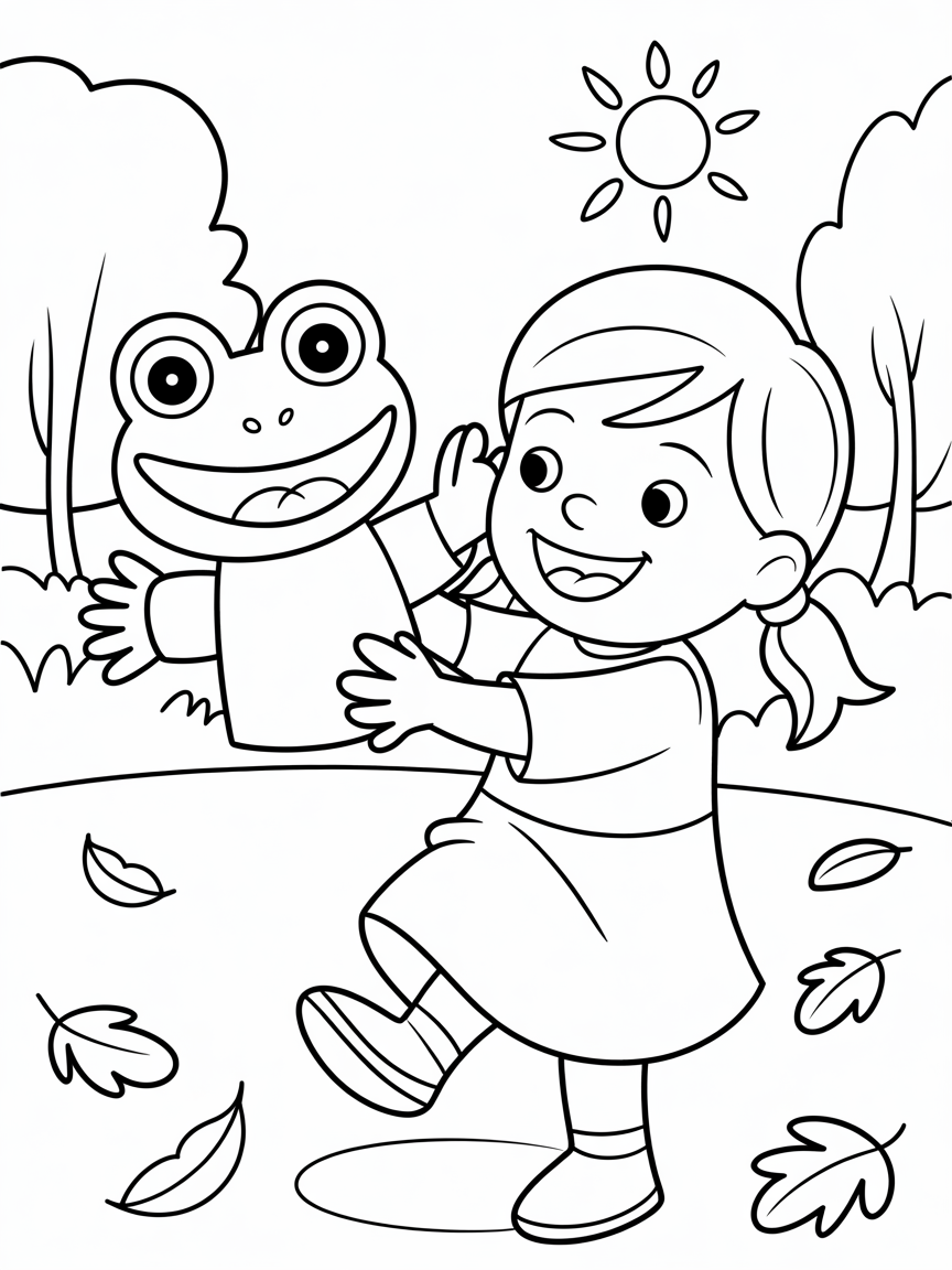 A picture of a little girl playing with a hand puppet that looks like a frog. She is happy and the westher is beautiful warm on a fall day outside. - Free Coloring Page