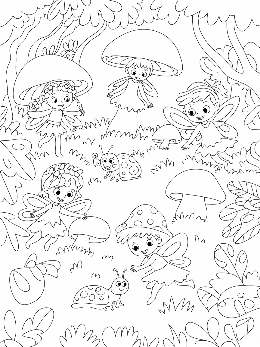Fairies in a forest with small snails, mushrooms for houses, baby fairies, little bugs all around and an enclosed canopy - Free Coloring Page