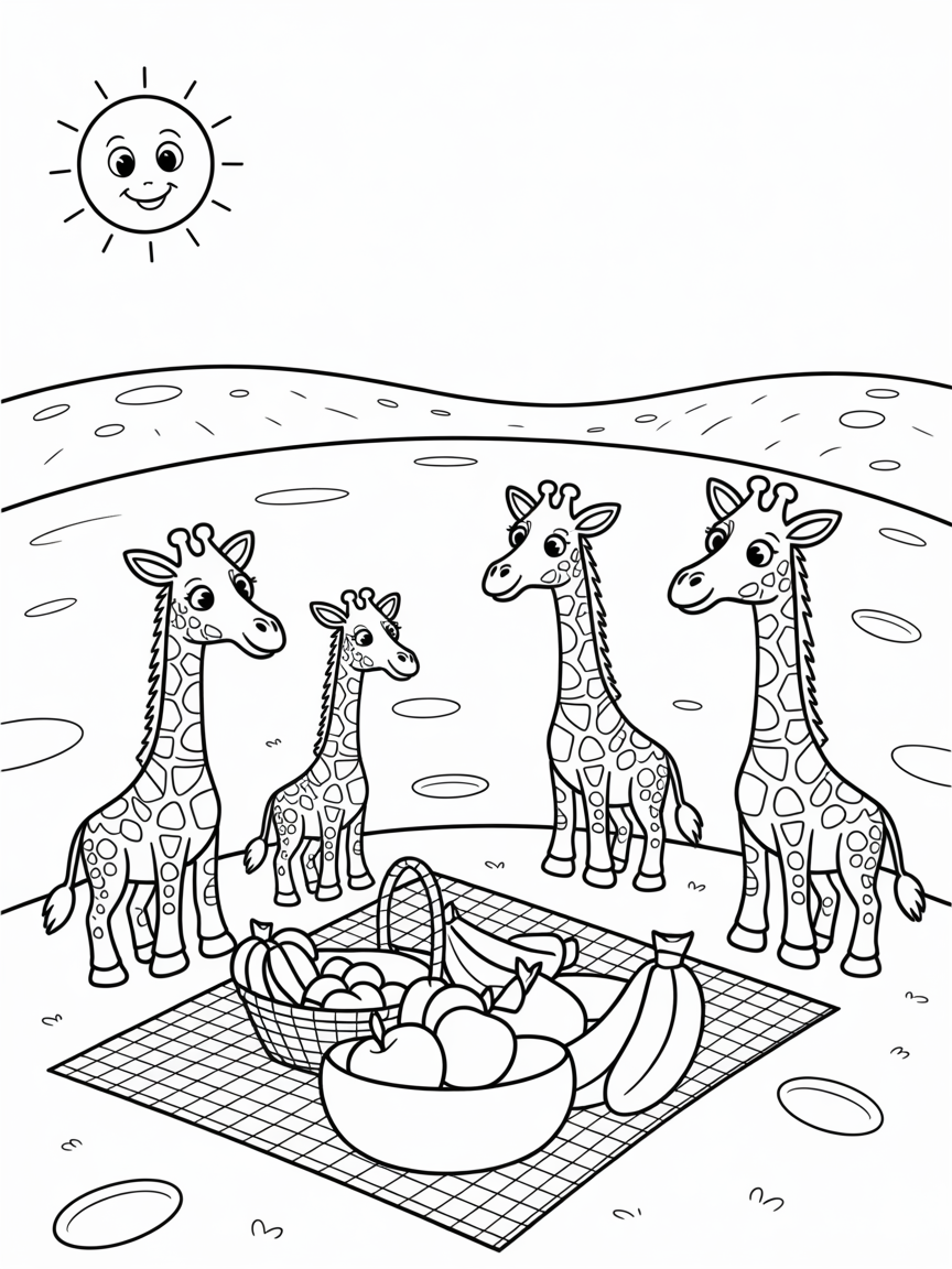 Giraffes having a picnic on the moon - Free Coloring Page