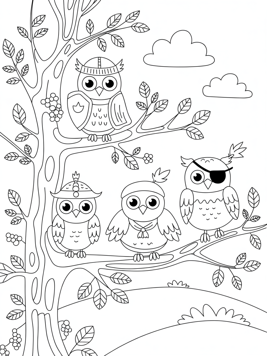 owls sitting in a tree wearing dressing up costumes - Free Coloring Page