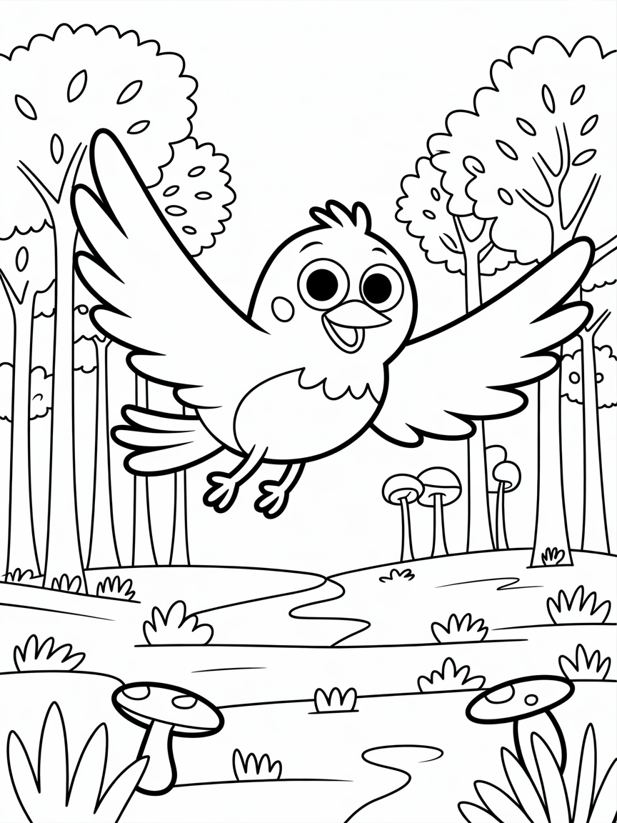 A bird flying in a forest - Free Coloring Page