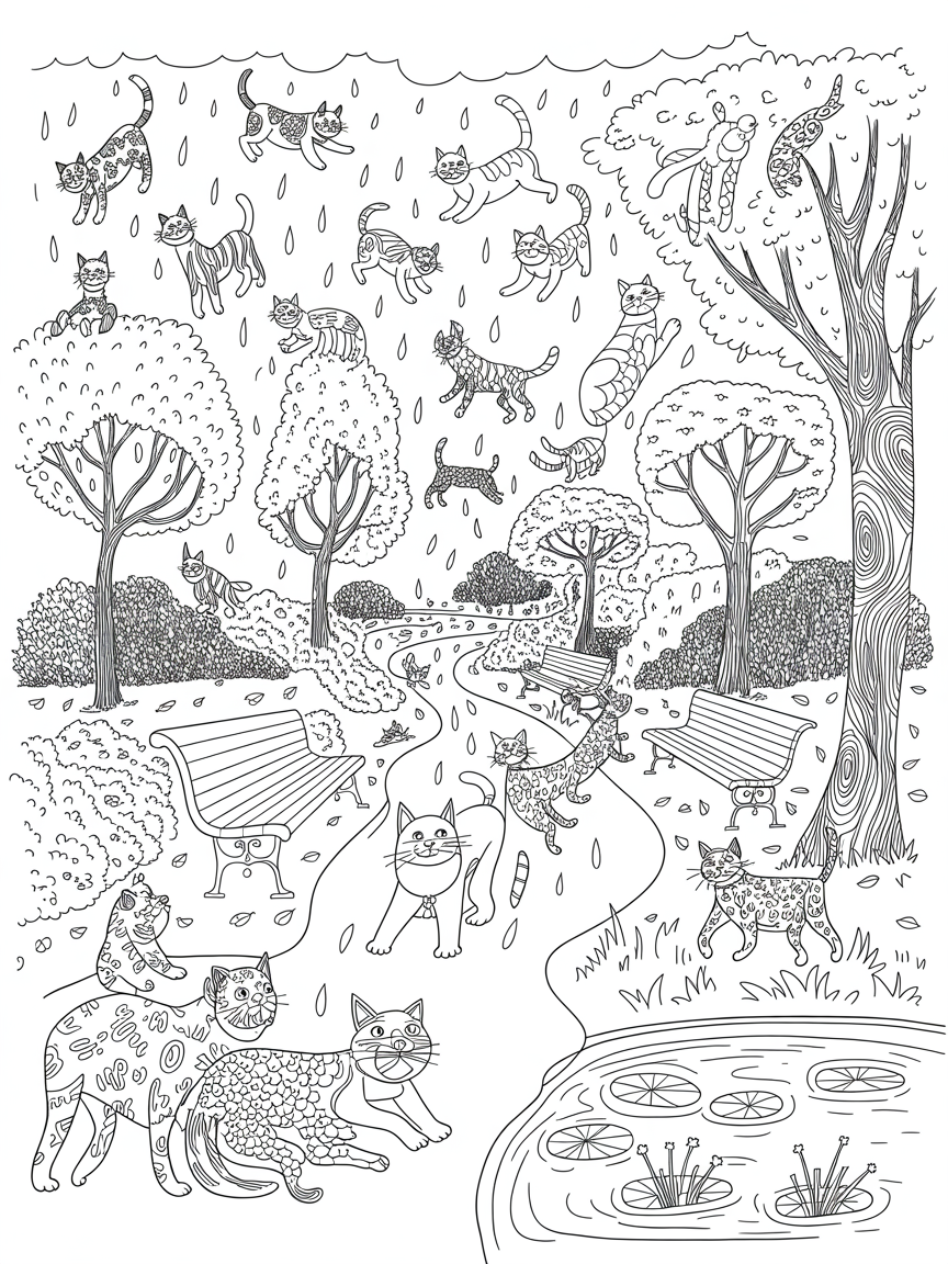It's raining cats and dogs in the park - Free Coloring Page
