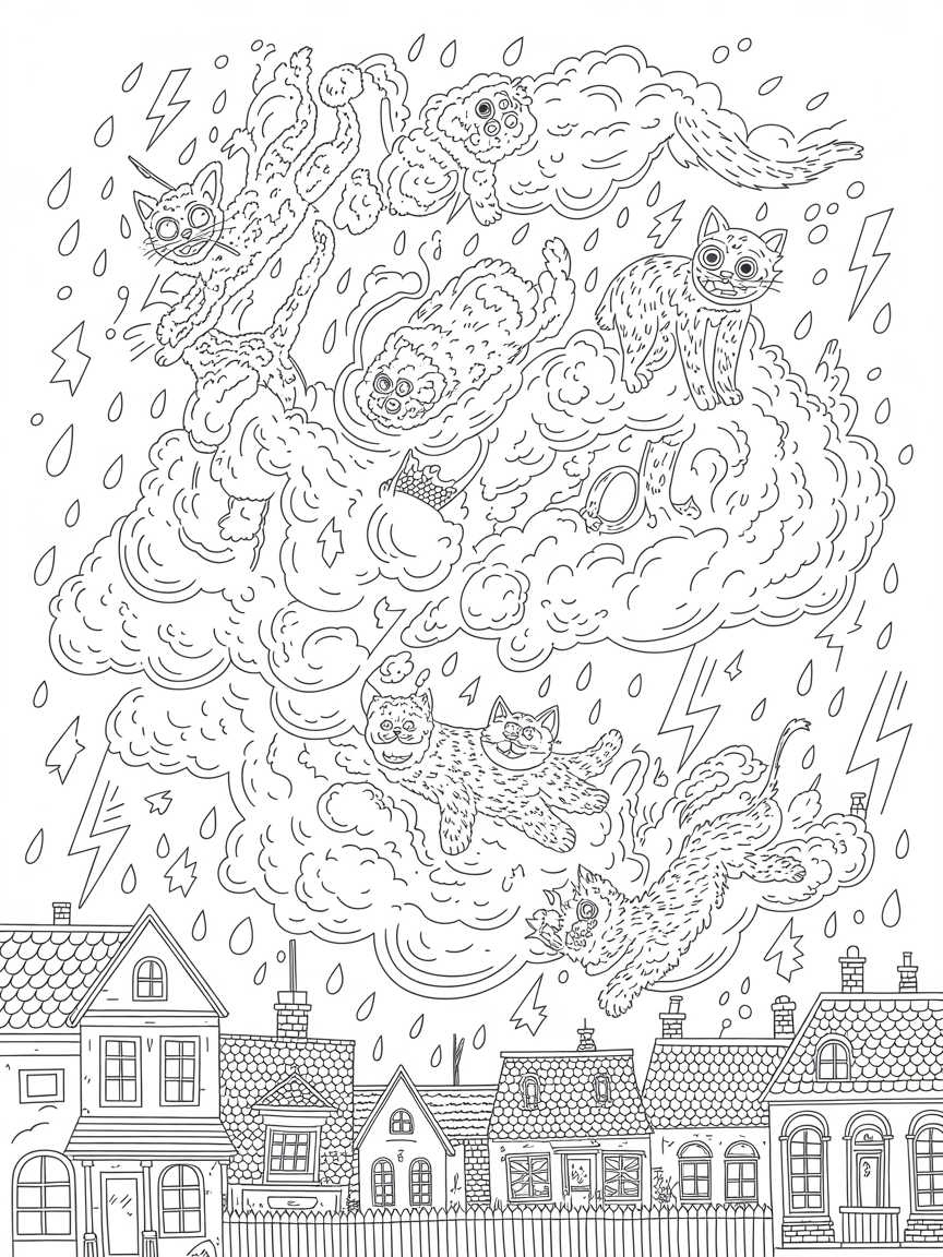 It's raining cats and dogs - Free Coloring Page