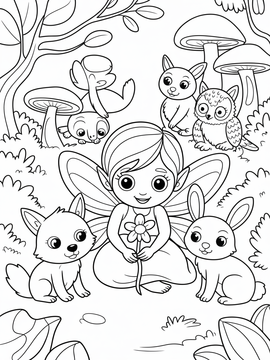 Woodland fairy scene - Free Coloring Page