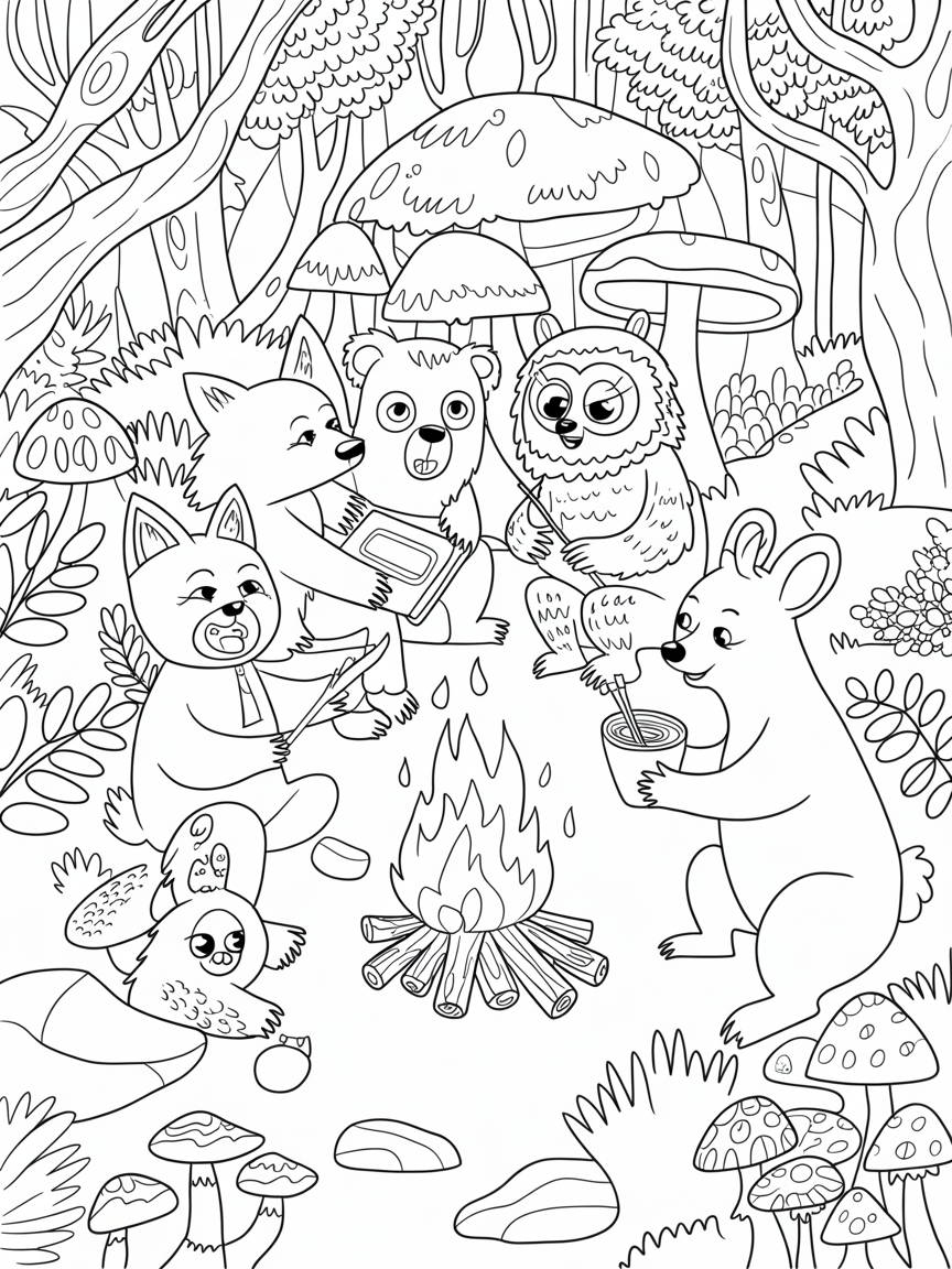 Forrest creatures camping with mushrooms around the forrest - Free Coloring Page