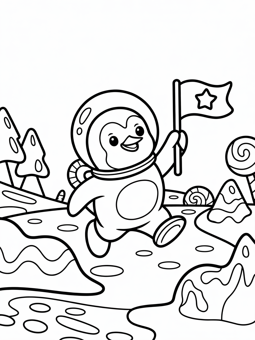 Penguin astronaut exploring a candy planet - Free Coloring Page