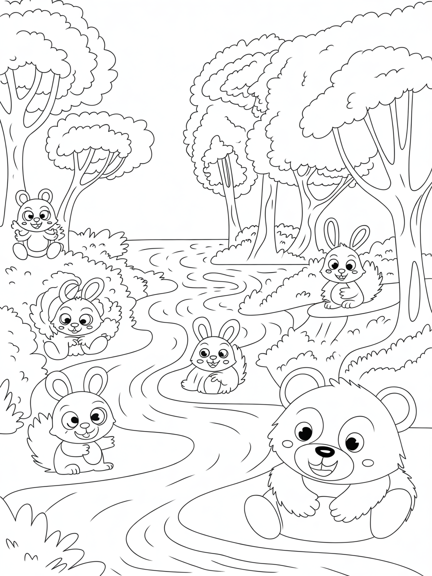Forest with little creatures and river - Free Coloring Page