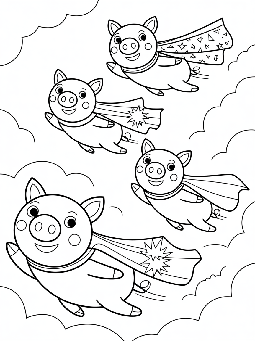 Flying pigs with superhero capes - Free Coloring Page