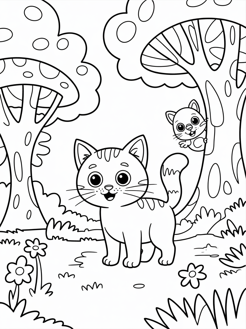 Cat in a magical forest - Free Coloring Page