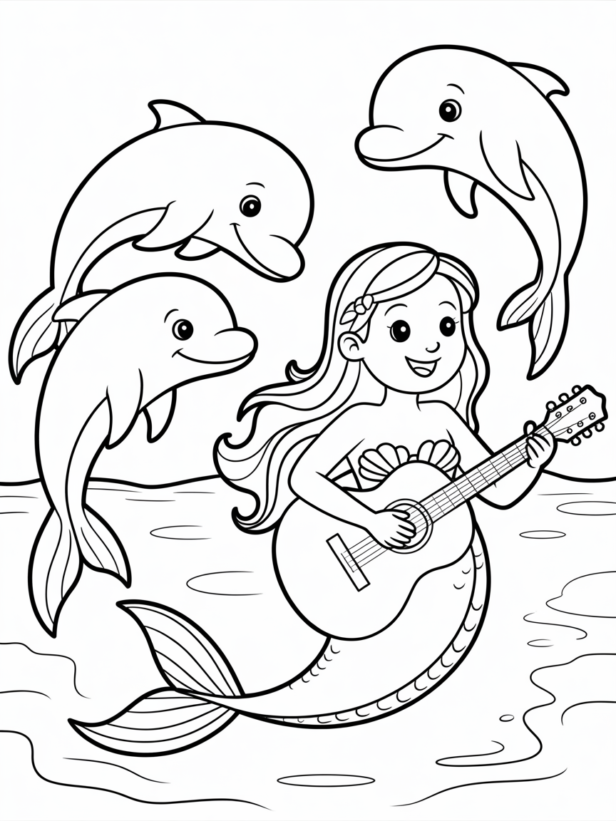 Mermaid playing guitar for dolphins - Free Coloring Page