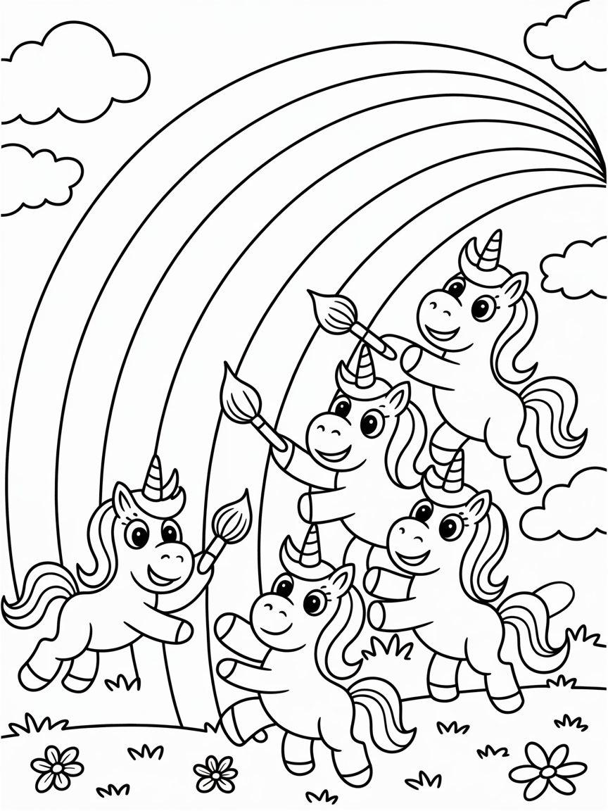 Unicorns painting a giant rainbow - Free Coloring Page
