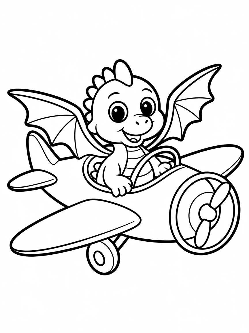Baby dragon sat inside an aeroplane - Free Coloring Page