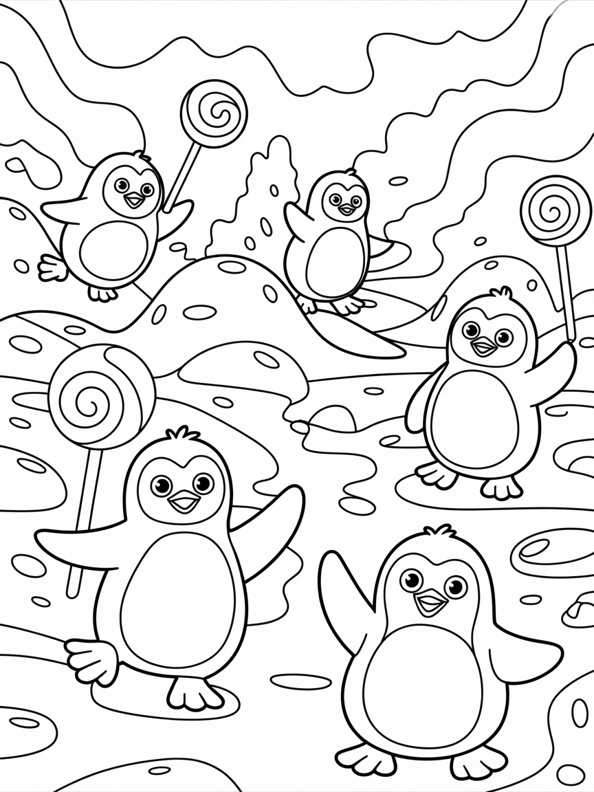 Space penguins exploring a candy planet - Free Coloring Page
