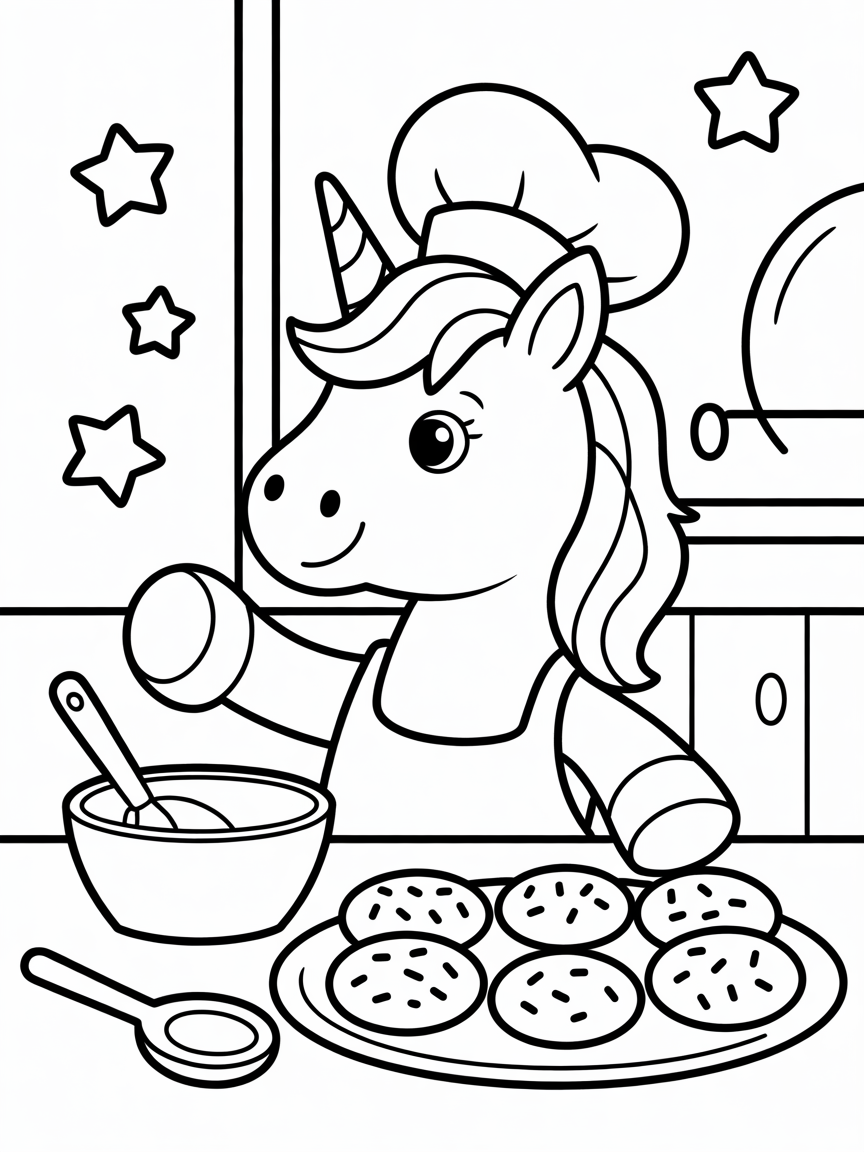 Unicorn baking cookies with sprinkles - Free Coloring Page