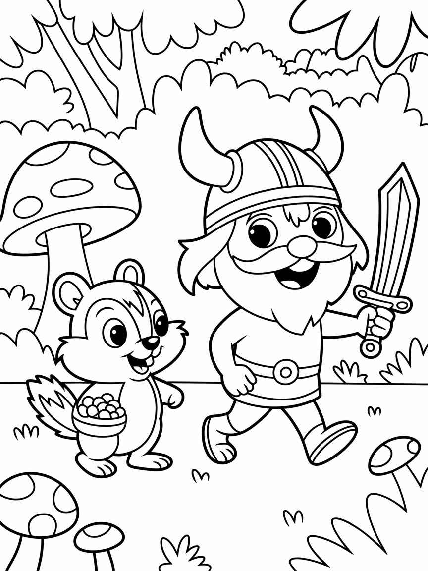 A chipmunk and a viking strolling in a fairyland forrest - Free Coloring Page