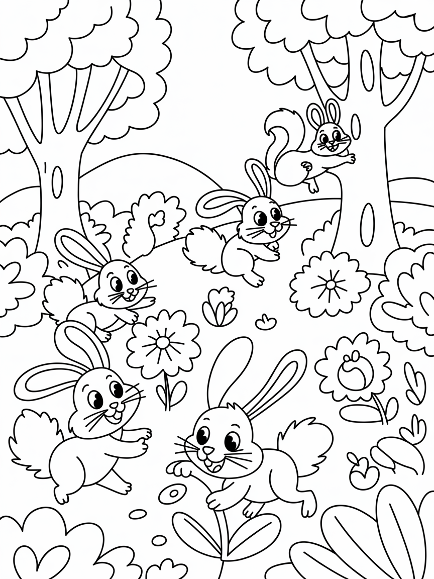 Qcreate a beautiful garden with squirrels and rabbits - Free Coloring Page
