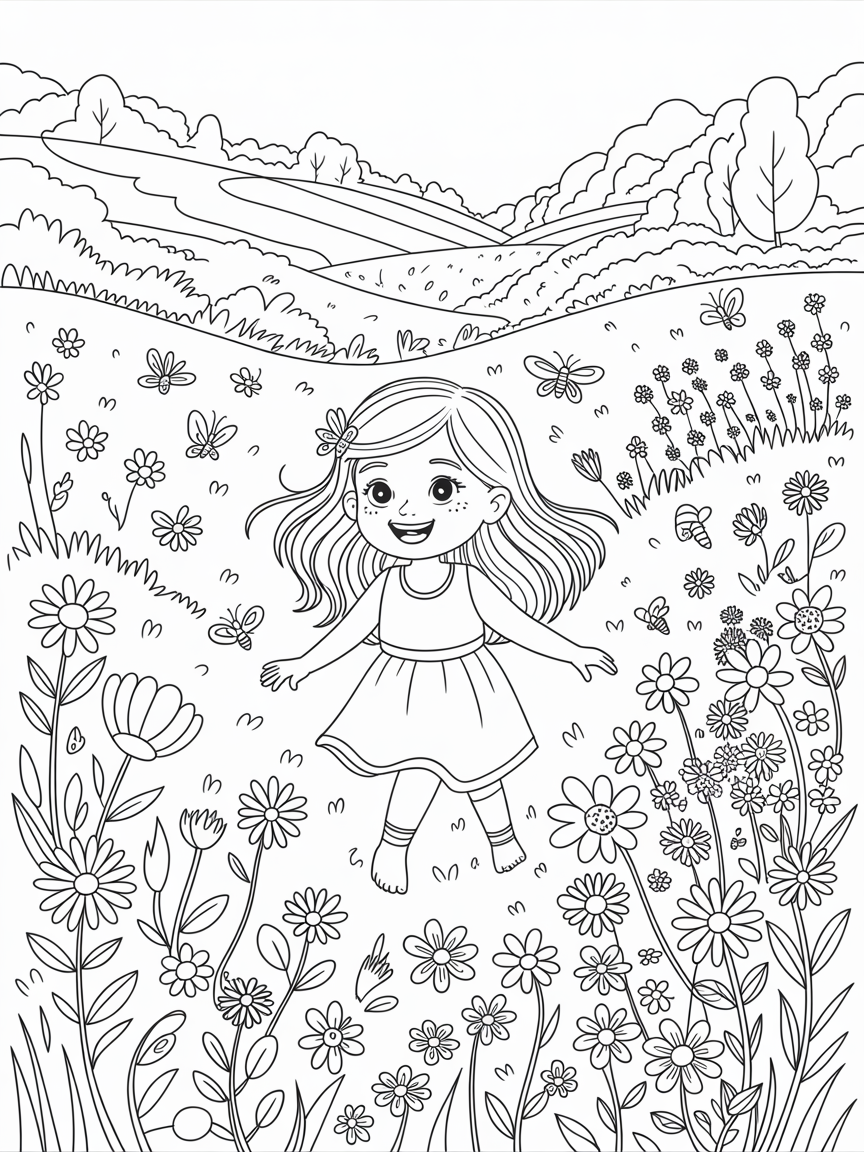 Little girl in a flower meadow - Free Coloring Page