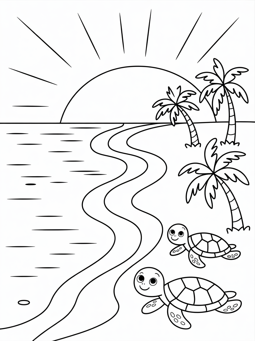 Sea, palm trees, sand, turtles, sand benches sun rise - Free Coloring Page
