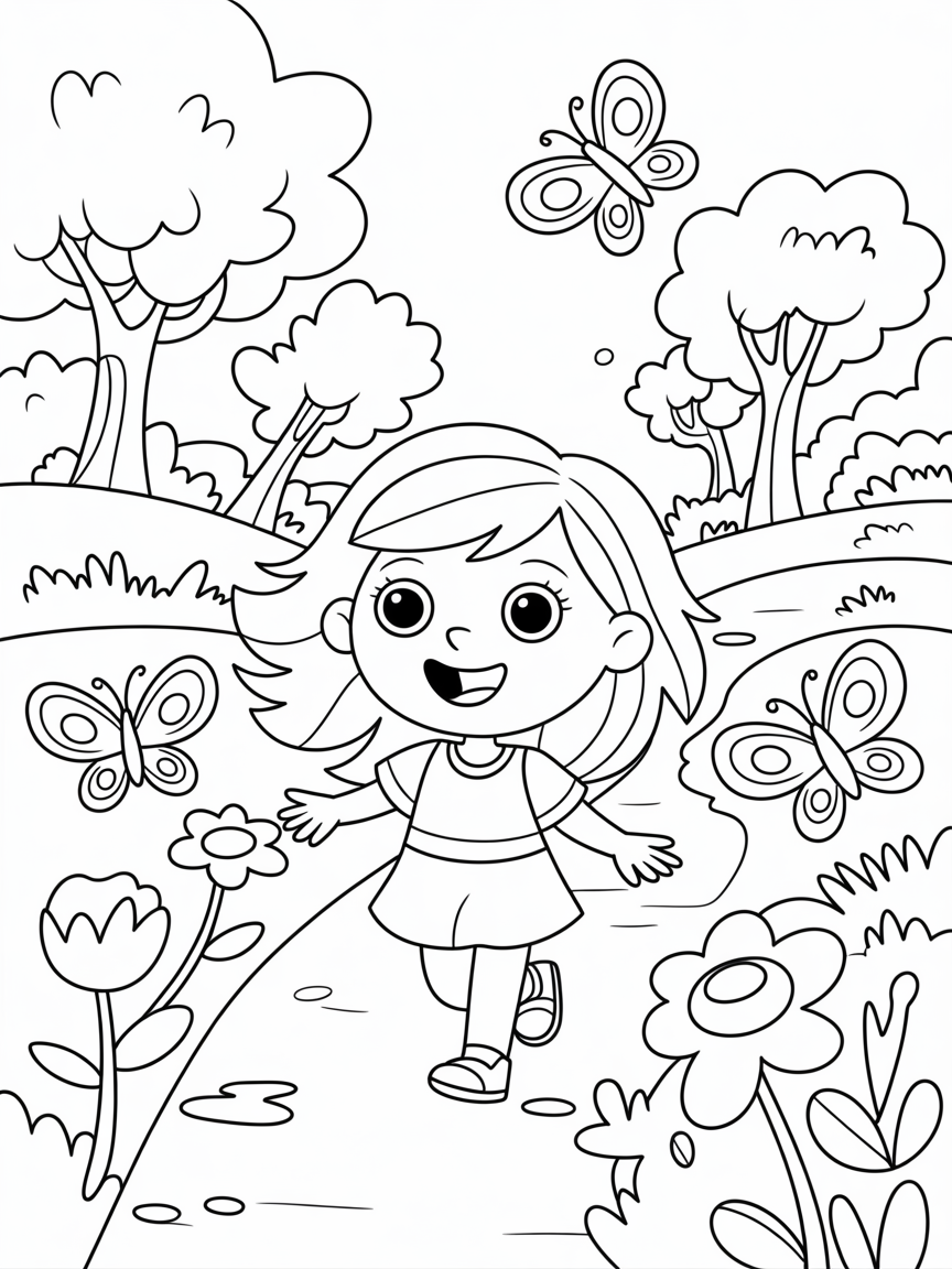 A scene of a magical and special forest where there are butterflies, flowers and a beautiful girl walking with a backpack on her back. - Free Coloring Page