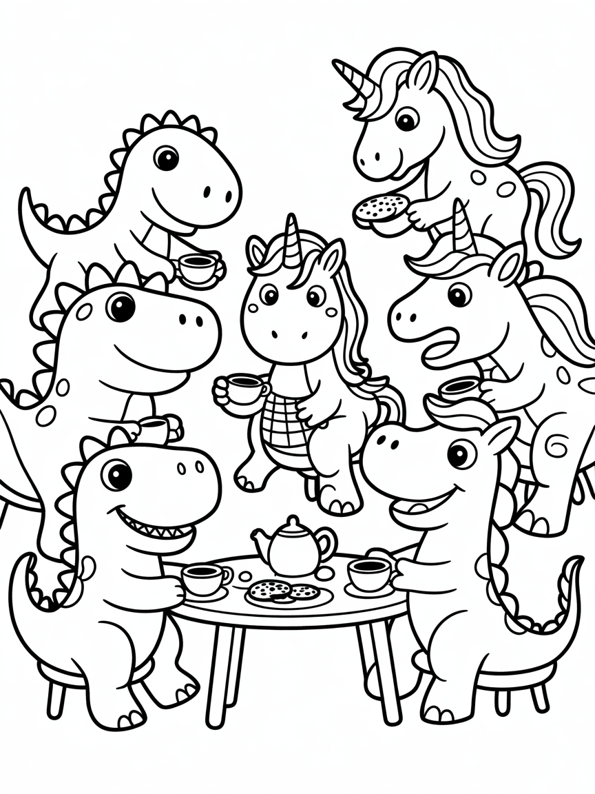 Unicorns and dinosaurs having a tea party - Free Coloring Page