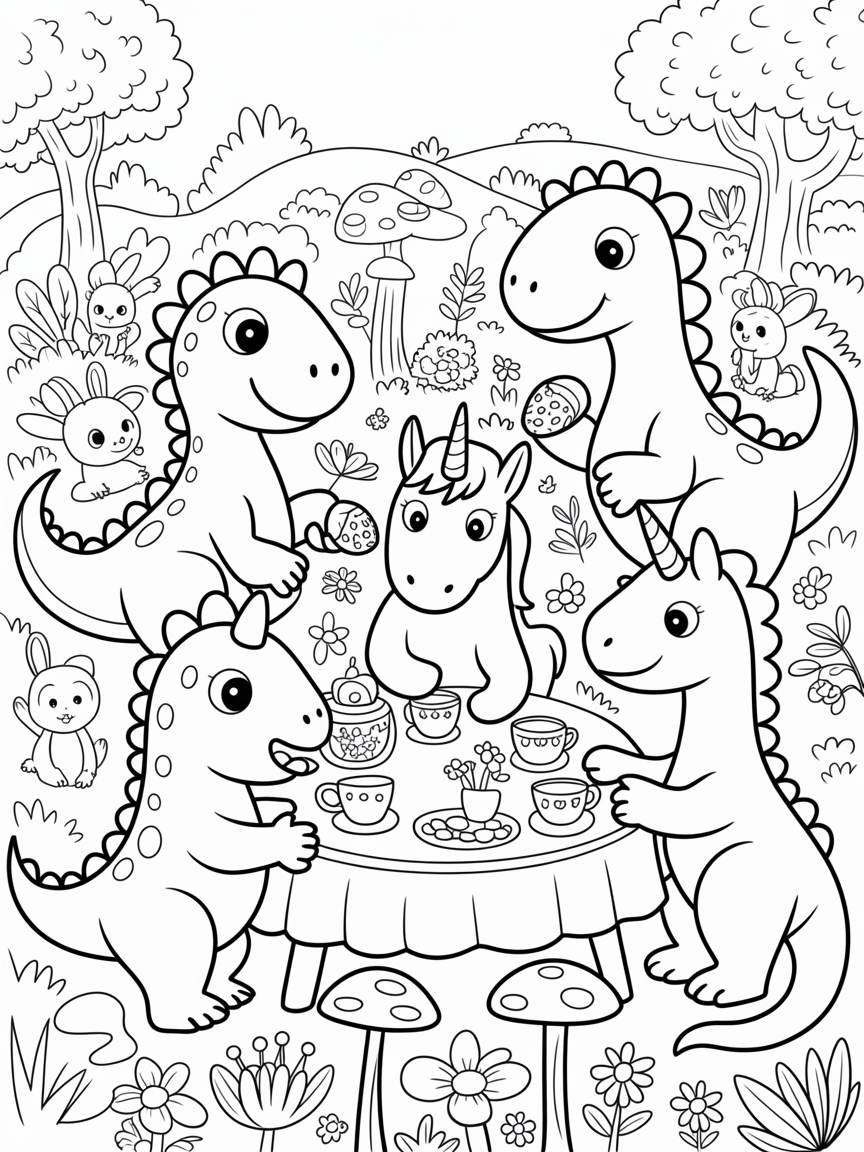 Unicorns and dinosaurs having a tea party in a fairy garden surrounded by forest critters - Free Coloring Page