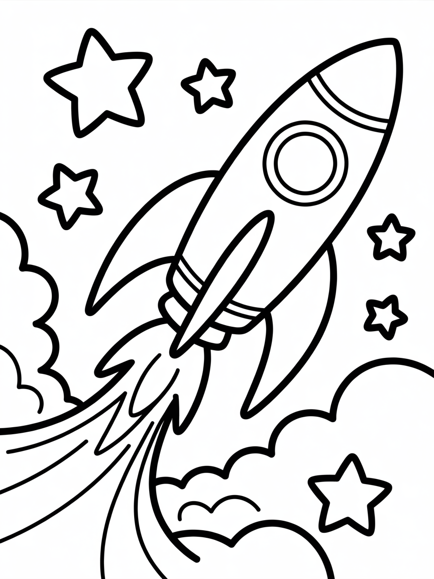 Rocket ship blasting through rainbow stars - Free Coloring Page