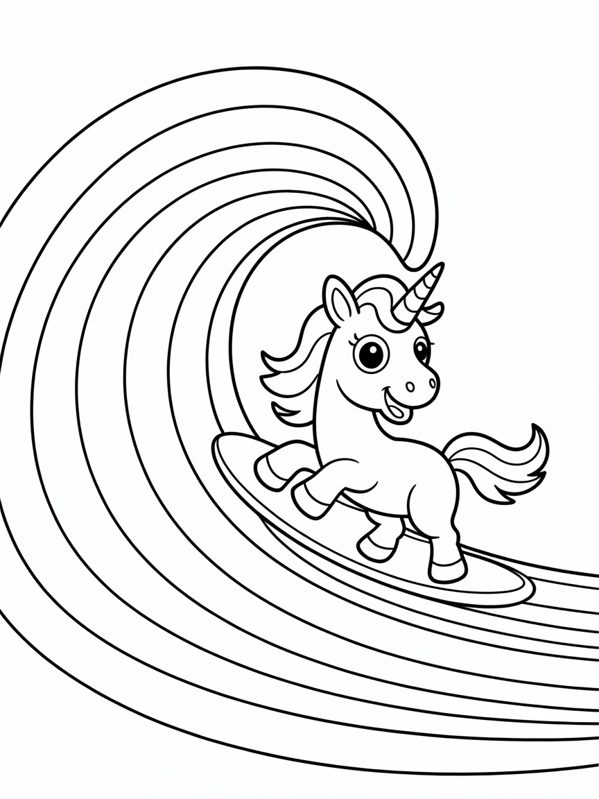 Unicorn surfing a rainbow wave - Free Coloring Page
