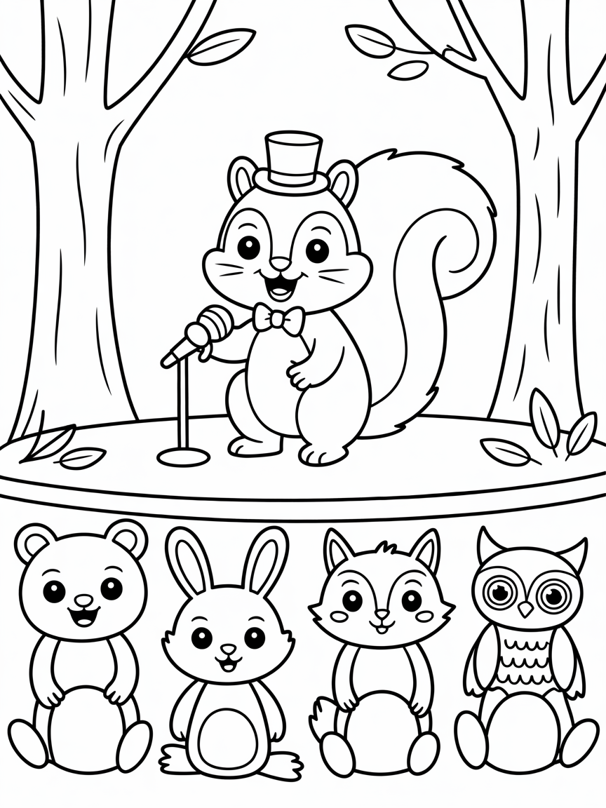 Squirrel hosting a forest talent show - Free Coloring Page