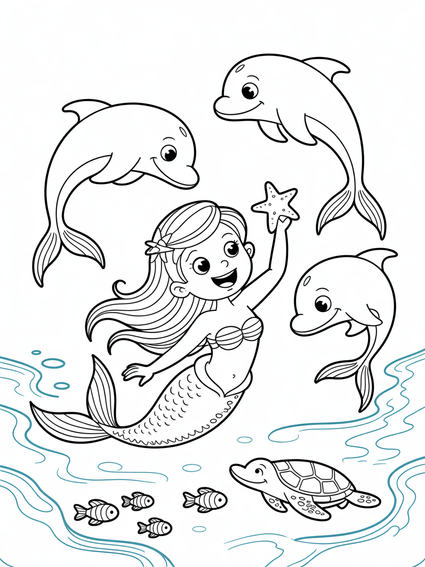 A mermaid playing with dolphins in the water, surrender by other marine animales - Free Coloring Page
