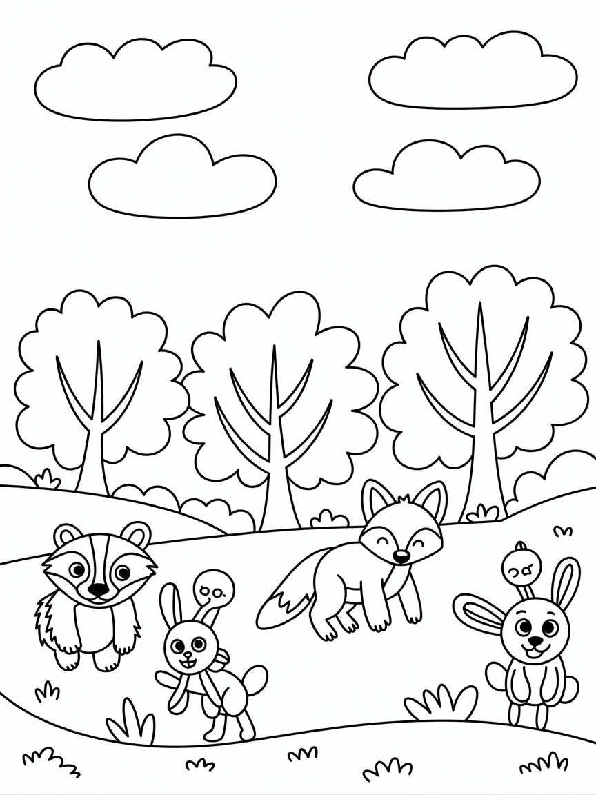 Irish woodland scene to include native Irish animals with a beautiful sky line with clouds at night - Free Coloring Page