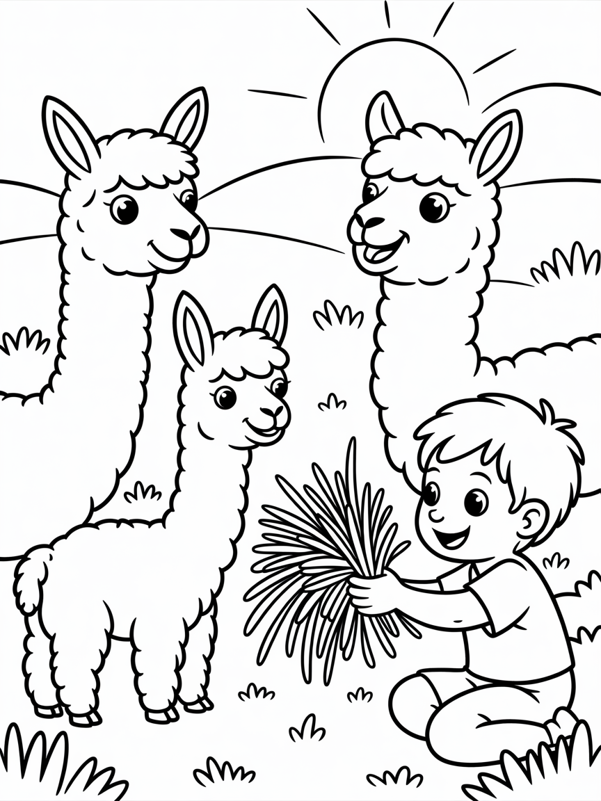 Feeding the Alpacas - Free Coloring Page