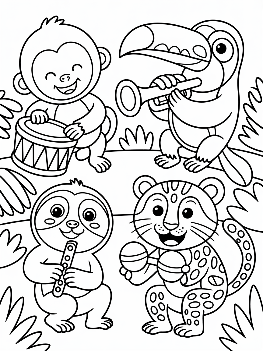 Rainforest animals playing musical instruments - Free Coloring Page