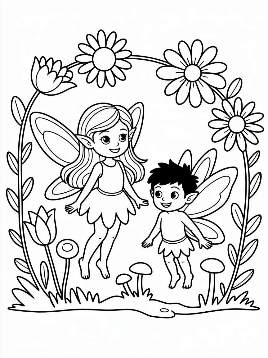 A fairy girl with long brown hair and a smaller fairy boy with short black hair among garden flowers and a fairy circle - Free Coloring Page
