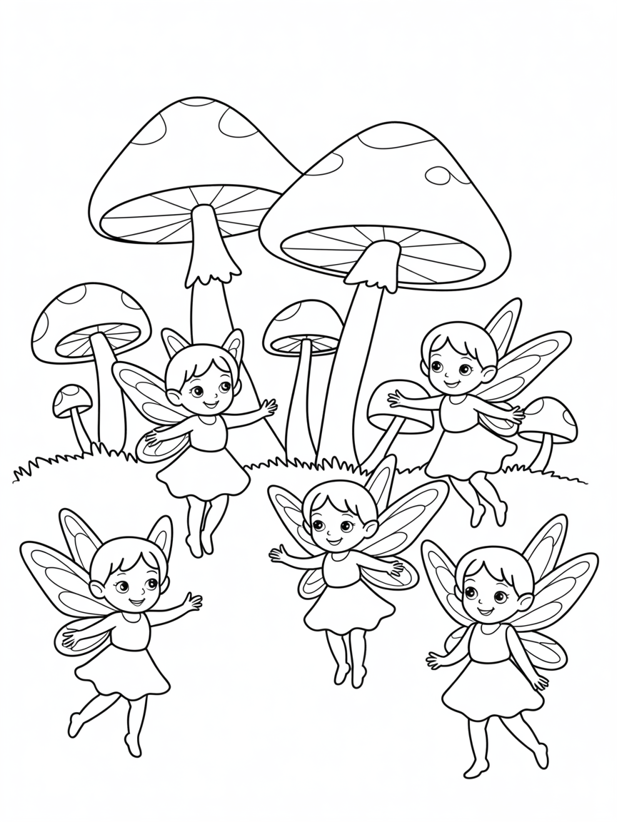 Fairies and mushrooms - Free Coloring Page