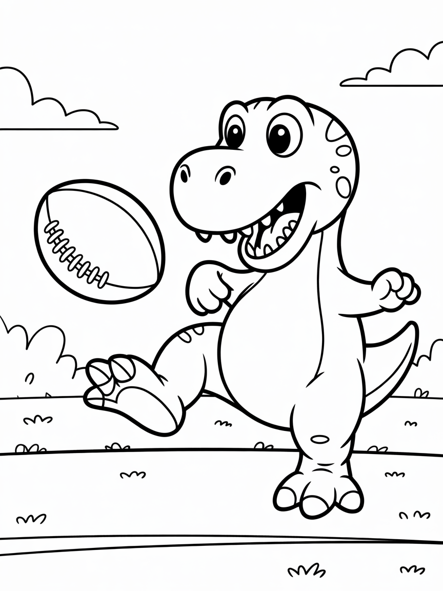 Friendly dinosaur playing football - Free Coloring Page