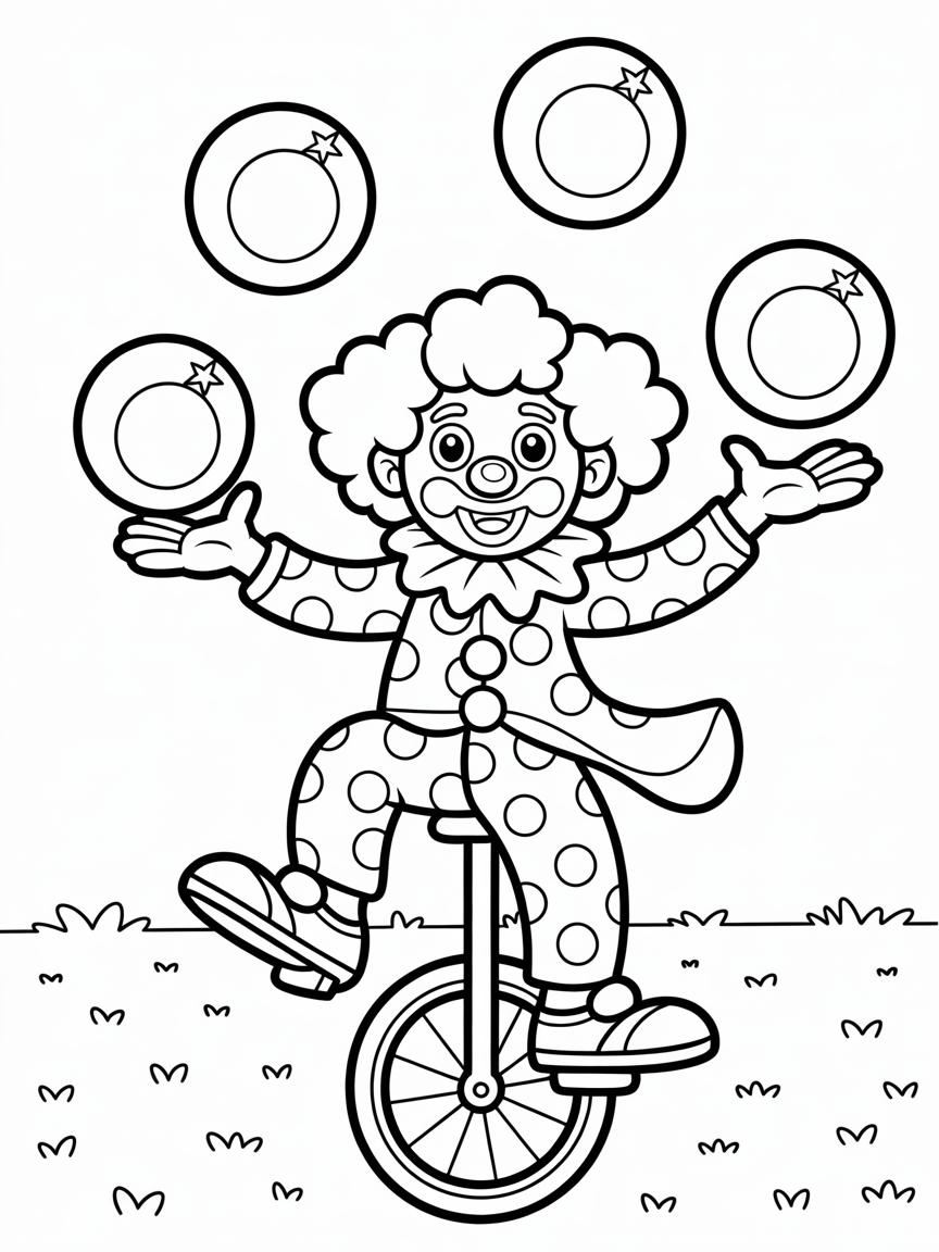 Juggling clown on a unicycle - Free Coloring Page