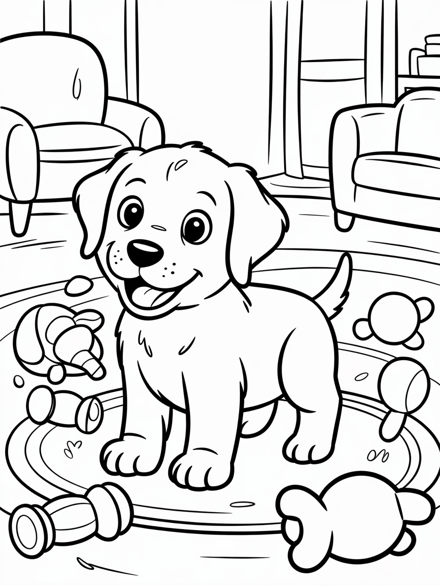 Labrador in a messy house - Free Coloring Page