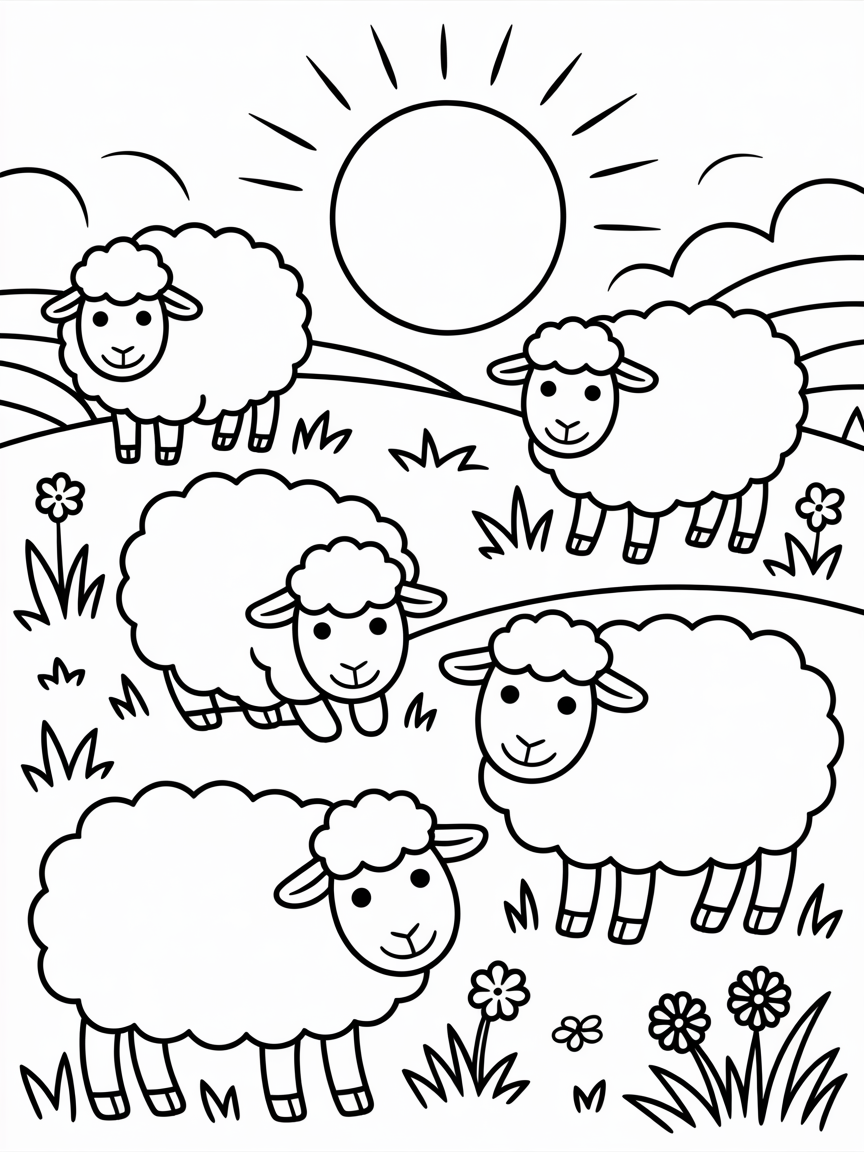 Sheep in a field - Free Coloring Page
