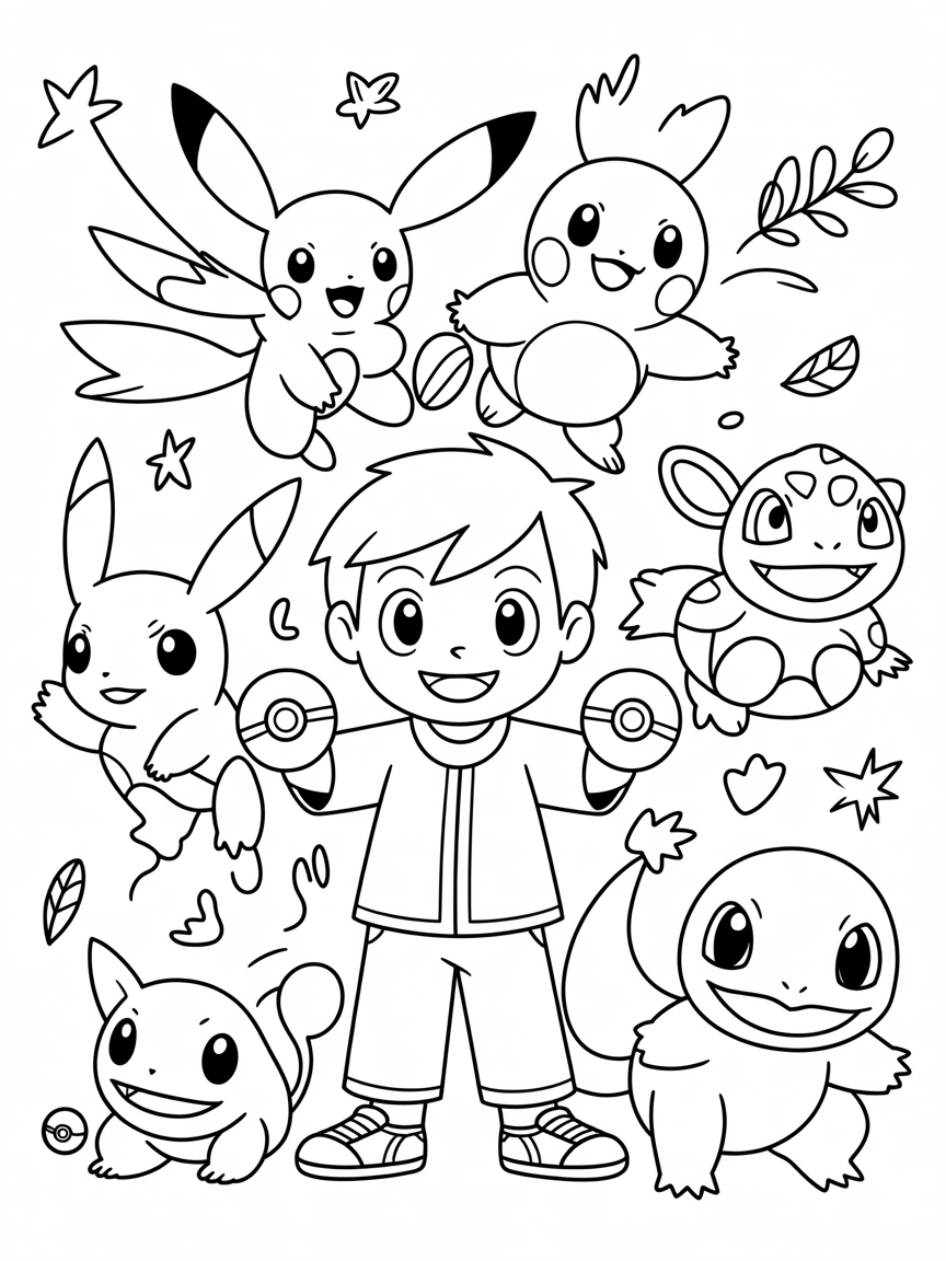 A boy holding a pokeballs surrounded by popular anime animals - Free Coloring Page