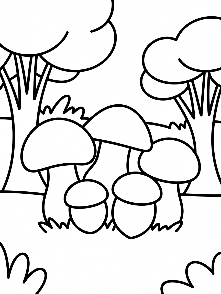 Mushroom acorns in a forest - Free Coloring Page