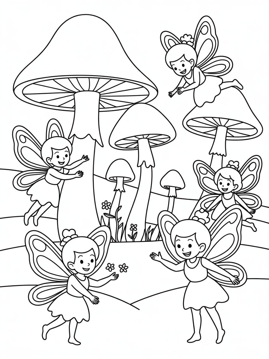 Fairies in mushroom kingdom - Free Coloring Page