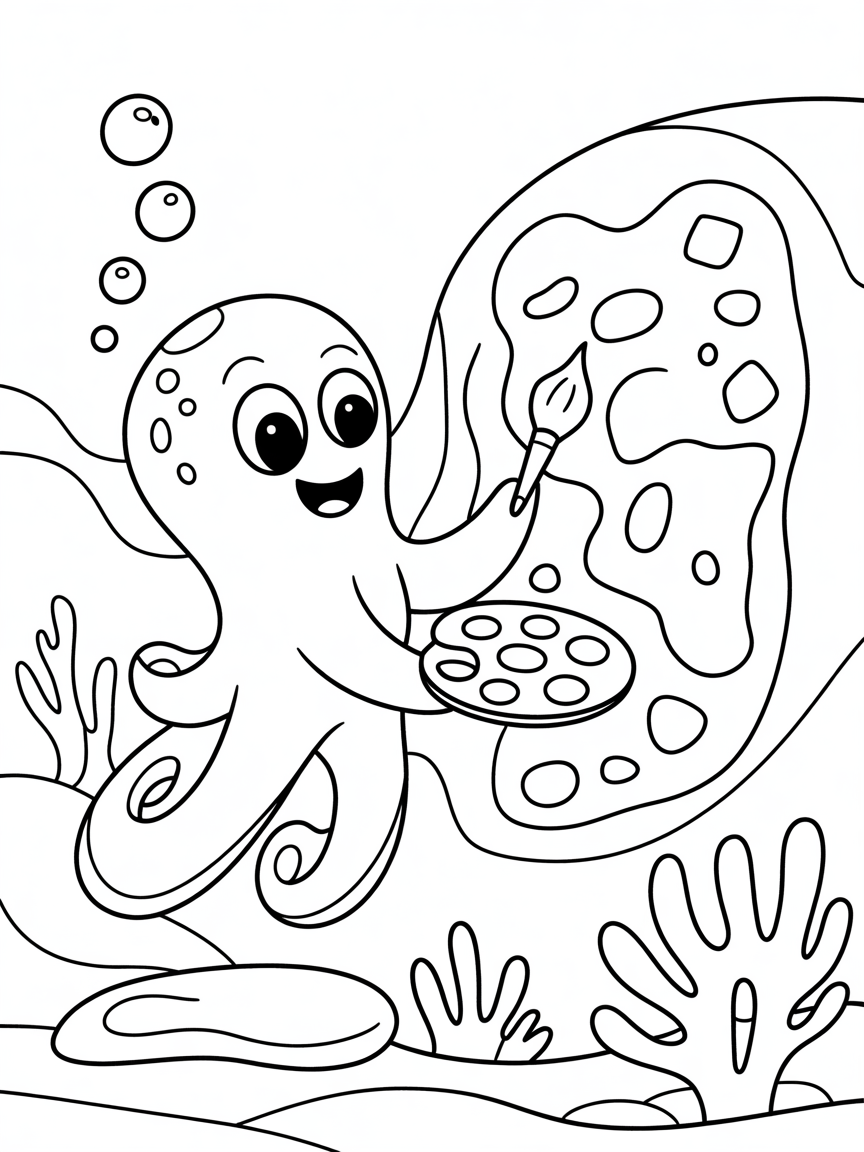 Friendly octopus painting underwater mural - Free Coloring Page
